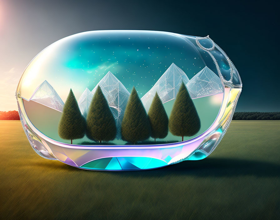 Surreal image of transparent egg-shaped vessel with green trees and geometric mountains under starry sky at