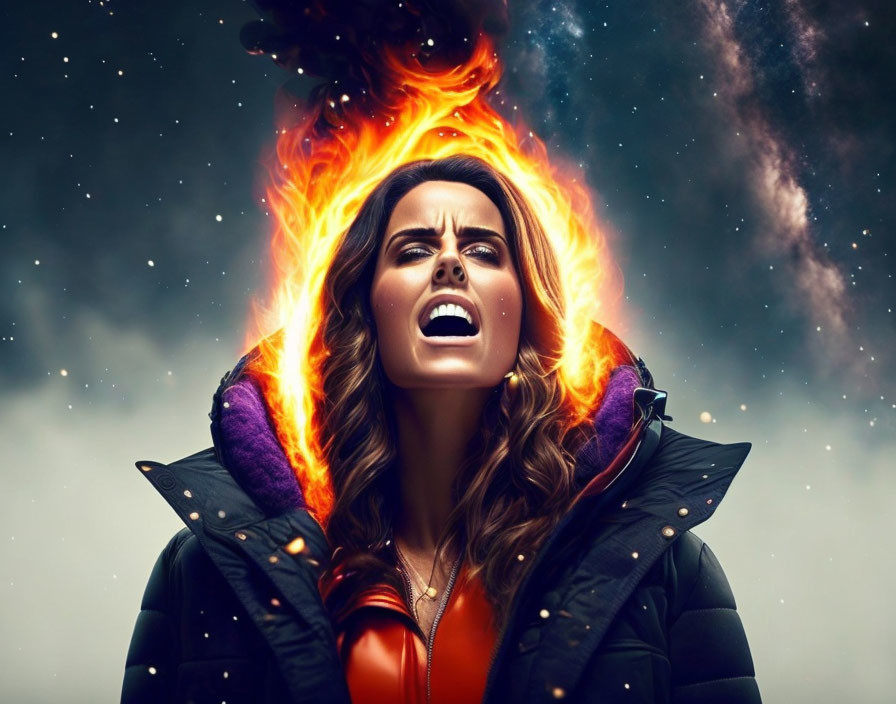 Fiery-haired woman in jacket against cosmic backdrop