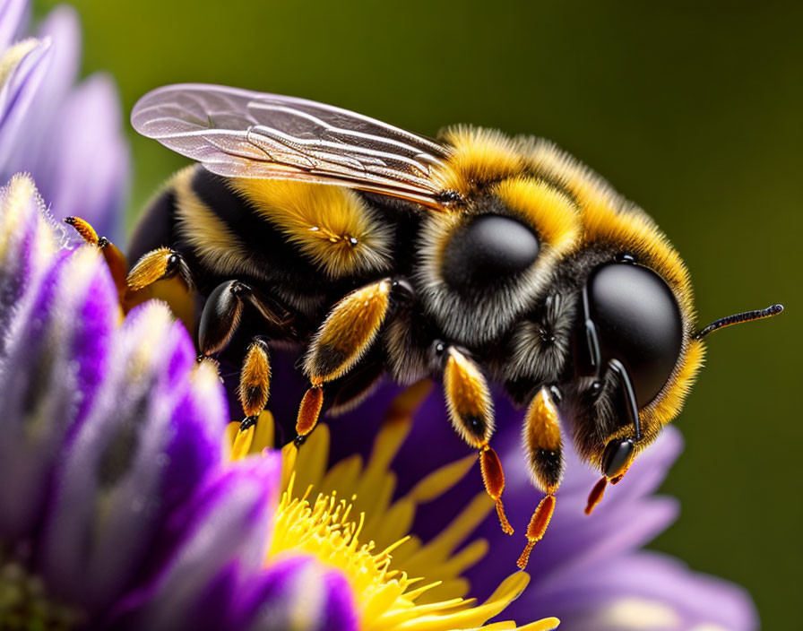 Detailed close-up of bee on purple and yellow flower