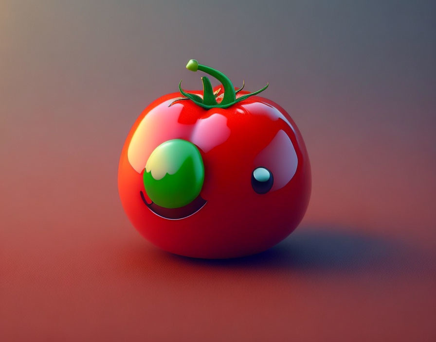 Shiny red anthropomorphic tomato with smile on plain background