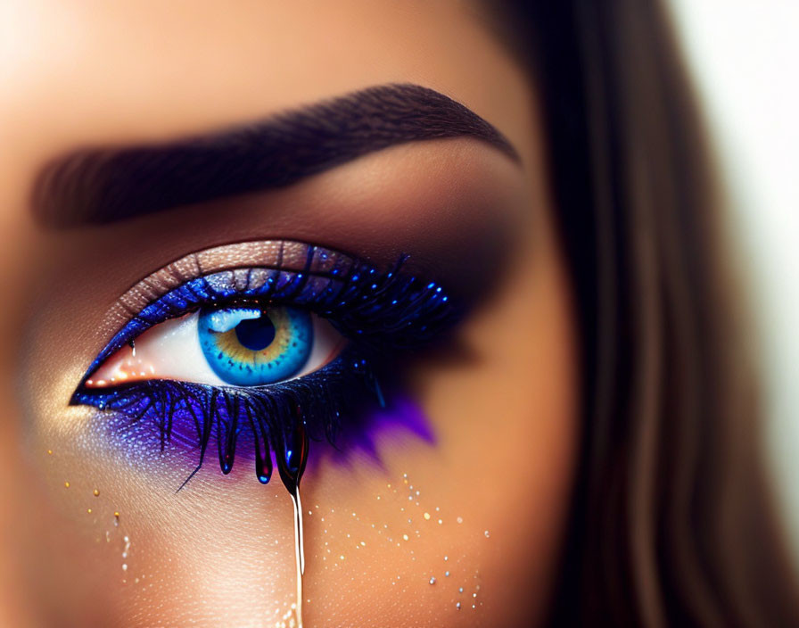 Detailed close-up of woman's eye with blue eyeshadow, mascara, and glitter tear.