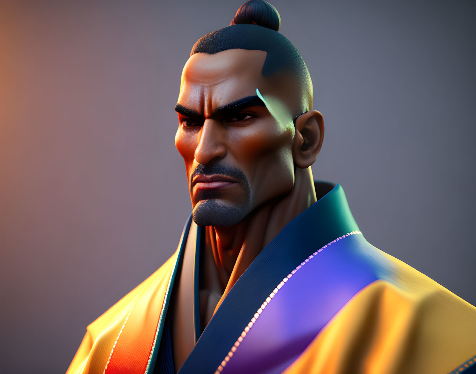 Vibrant 3D illustration of stern male character in traditional attire