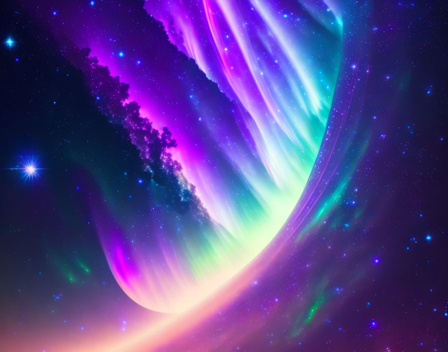 Colorful digital artwork showing cosmic phenomenon in purple, blue, and green hues