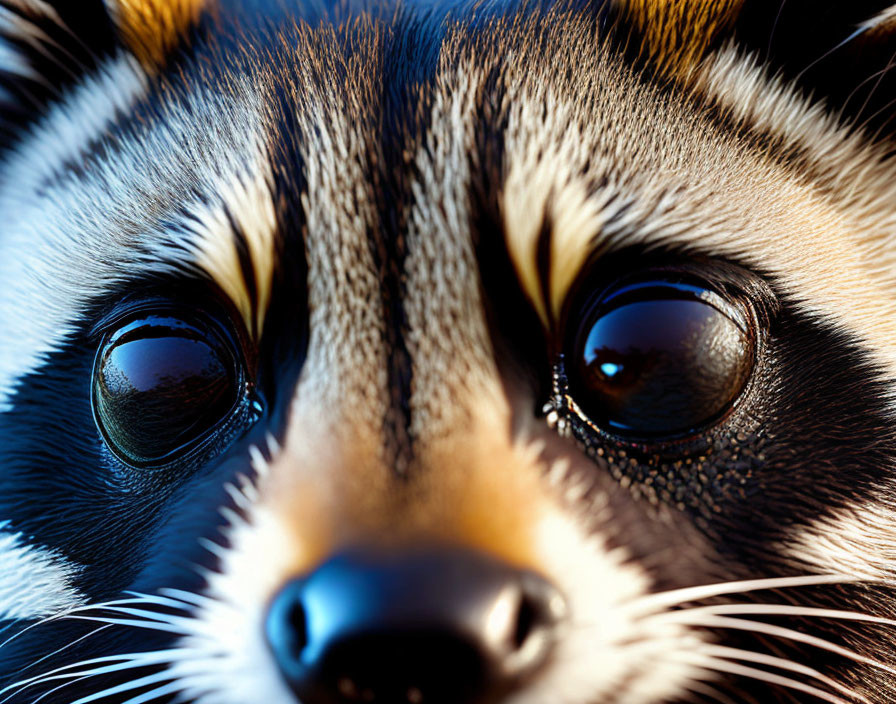 Detailed Close-Up of Raccoon's Face with Fur Texture and Black Eyes