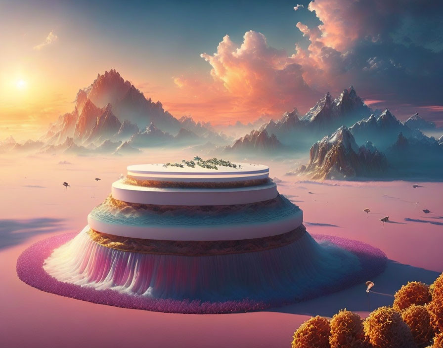 Surreal landscape with cake-like formations in pink cloud sky