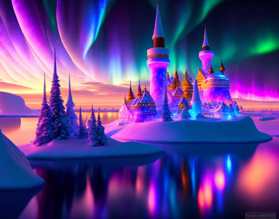 Snow-covered castle with illuminated towers in vibrant aurora borealis sky