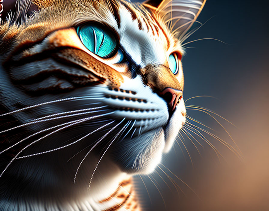 Vivid blue-eyed tiger digital art with detailed fur on dark background