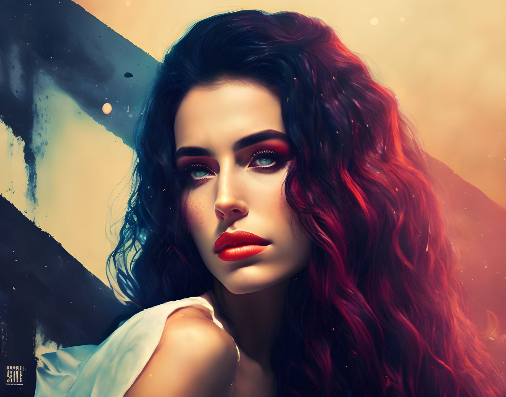 Striking portrait of a woman with blue eyes and red hair against cosmic backdrop