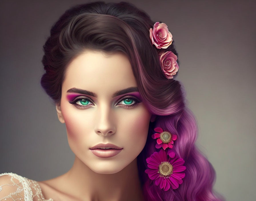 Portrait of a Woman with Green Eyes and Purple Ombre Hair