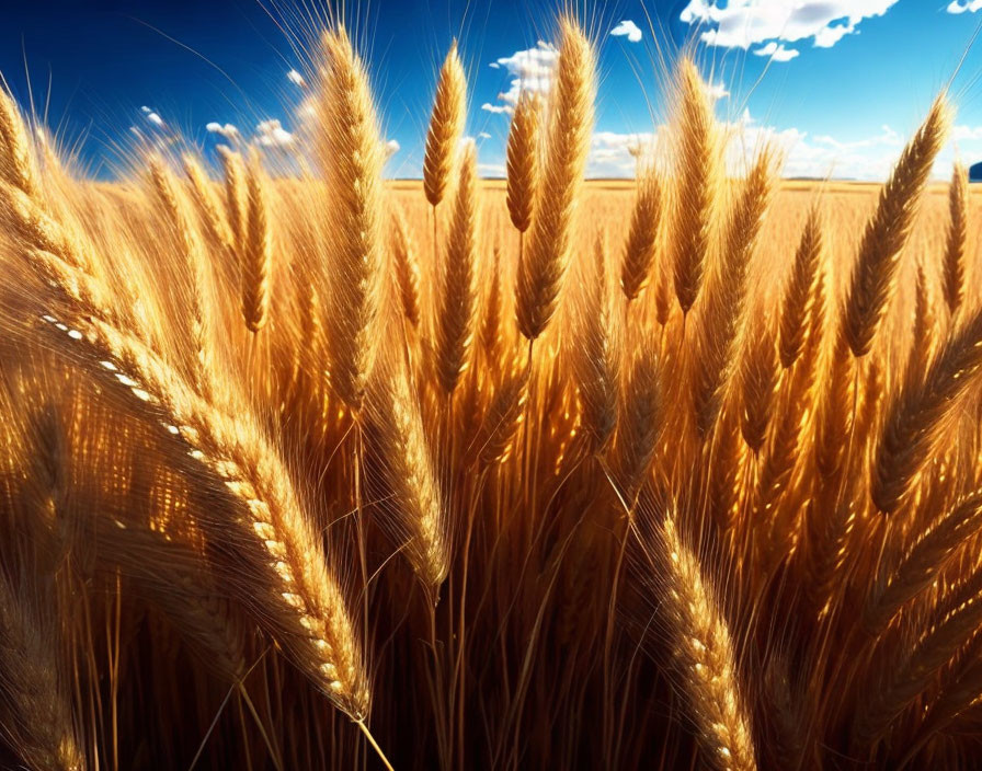 Vibrant golden wheat field under clear blue sky