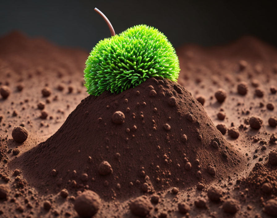 Vibrant Green Fuzzy Ball on Brown Soil with Suspended Particles