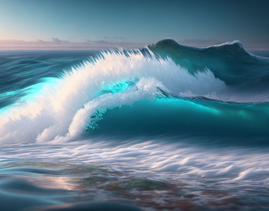 Vibrant ocean wave cresting against serene sky with brilliant teal hues.