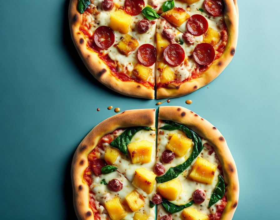 Pizza with Cheese, Pineapple, Pepperoni Slices on Teal Background