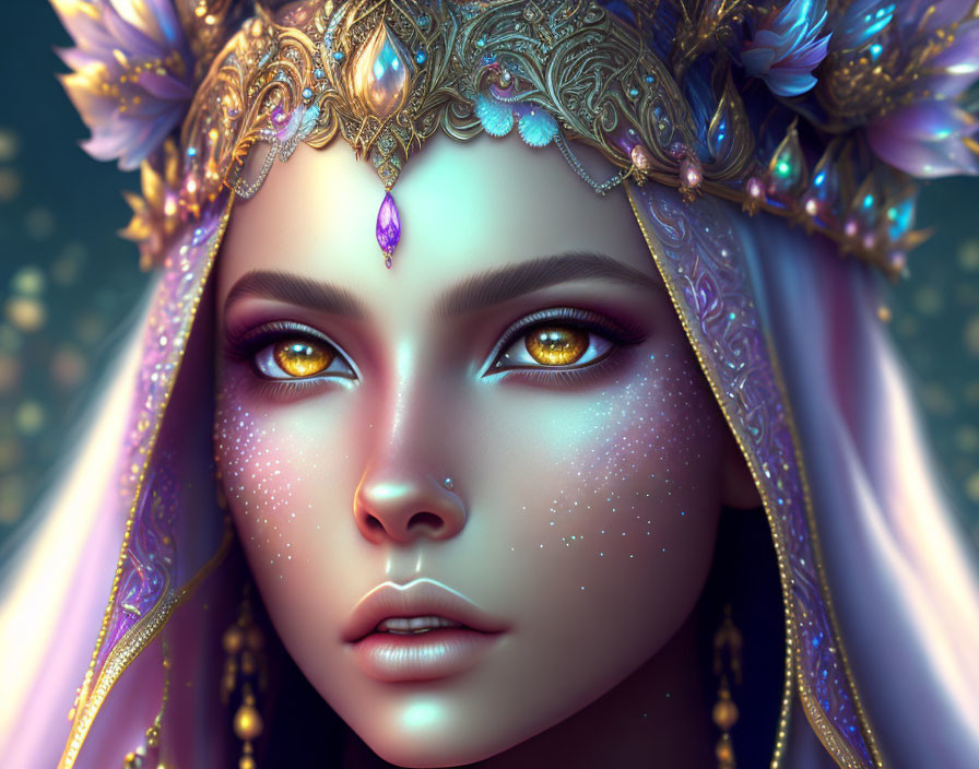 Fantasy character with golden eyes, jeweled crown, star-like freckles, against starry