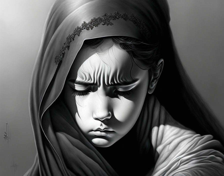 Monochrome digital artwork: Young girl in shroud with headband, somber expression