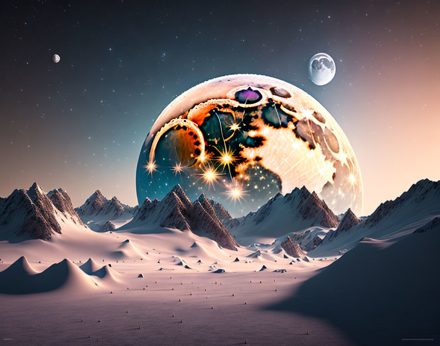 Surreal landscape with snow-capped mountains, two moons, and massive celestial body