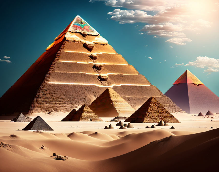 Iconic Great Pyramids of Giza with capstones in desert landscape