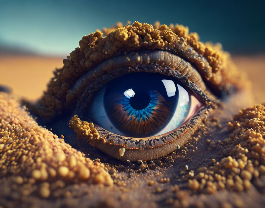 Detailed close-up of human eye with sandy eyelashes and intricate iris patterns