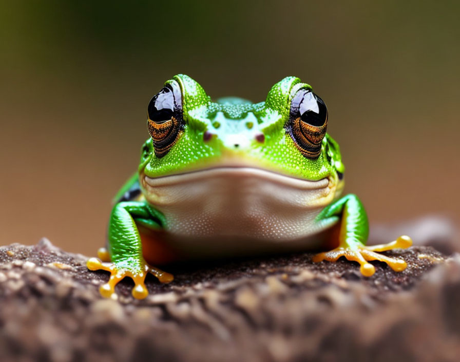 Vibrant green frog with black eyes and yellow accents on limbs on brown surface