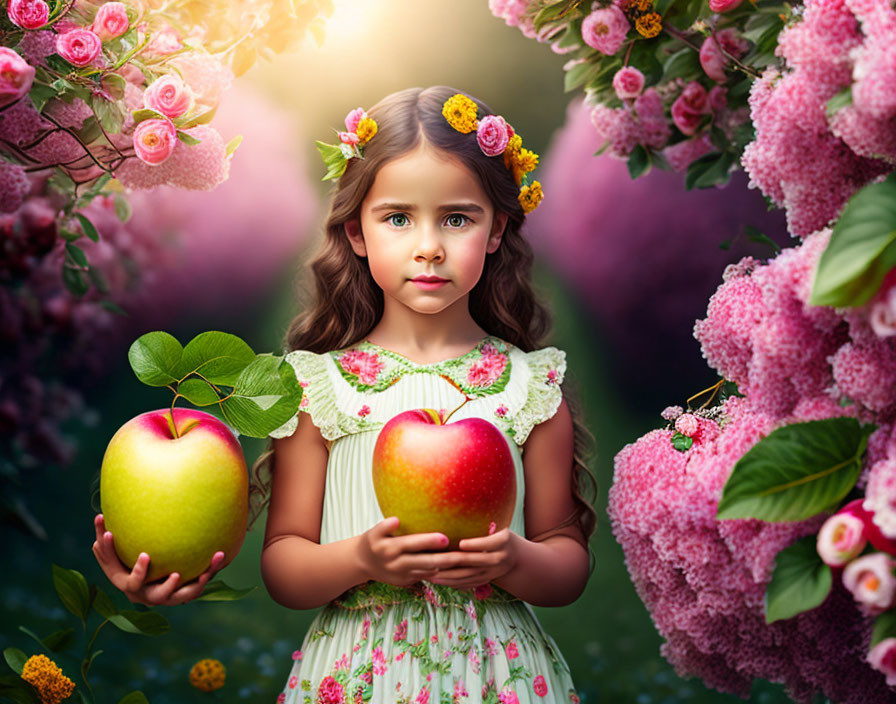 Young girl in floral dress with apples in magical garden scene