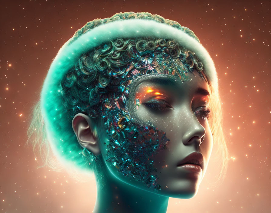 Futuristic half-faced female figure in digital art