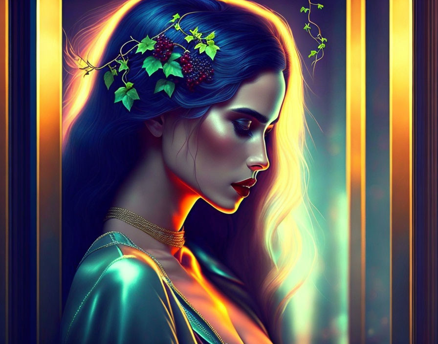 Digital artwork: Woman with glowing skin, blue hair, berry and leaf crown, neon-lit background