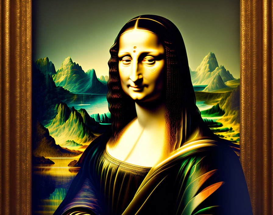 Digital art: Cyberpunk Mona Lisa with vibrant colors & futuristic background