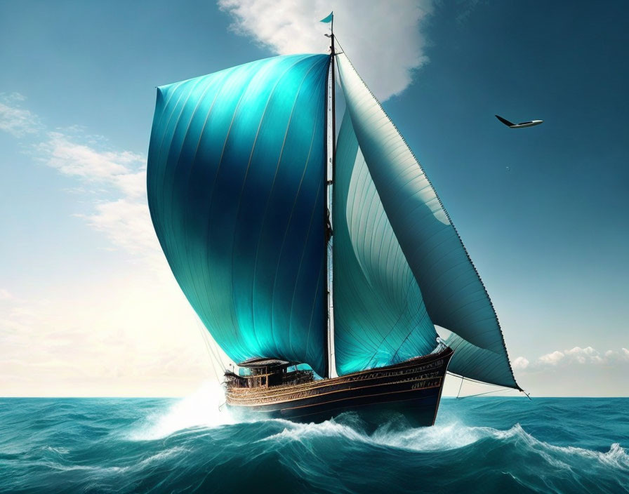 Traditional sailing ship with teal sails on ocean waves under blue sky