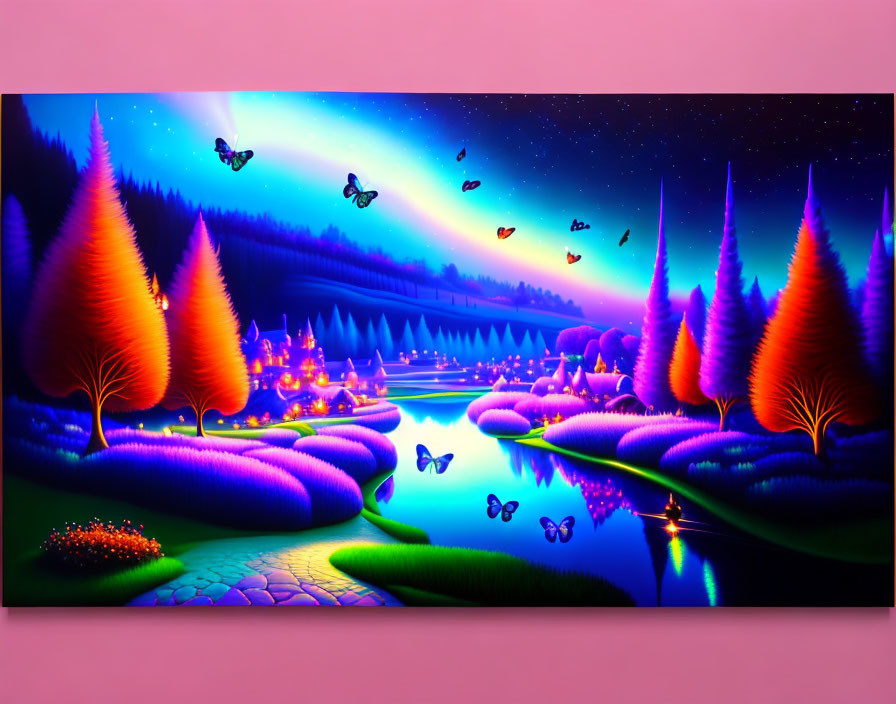 Colorful twilight fantasy landscape with luminous trees, reflective river, glowing flowers, butterflies, and aur