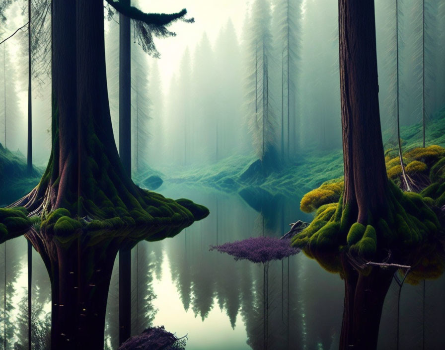 Tranquil forest scene with towering trees, vibrant moss, still river