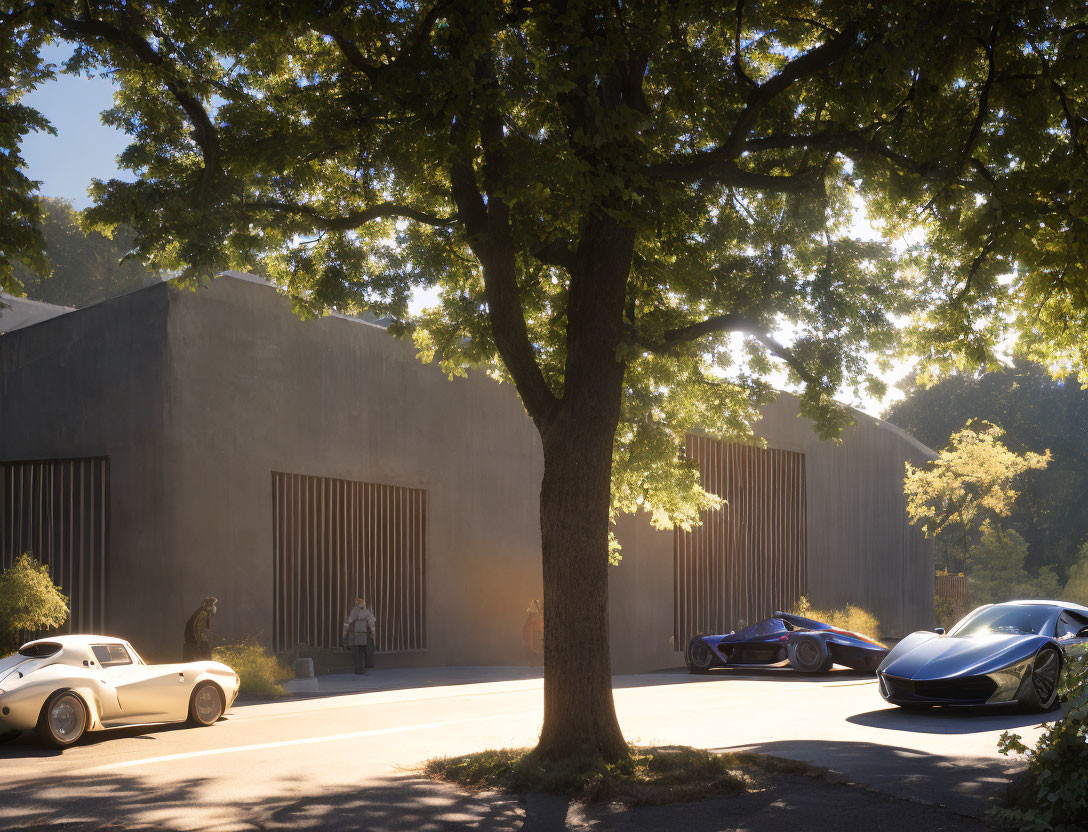 Luxury Cars Parked Outside Modern Building with Sunbeams and Pedestrians