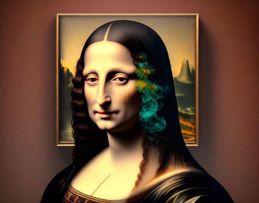 Colorful, smoky hair wisps on surreal Mona Lisa portrait