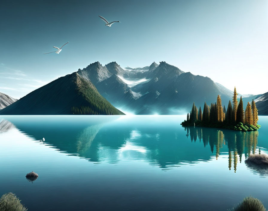 Tranquil mountain lake with island, peaks, and birds under blue sky