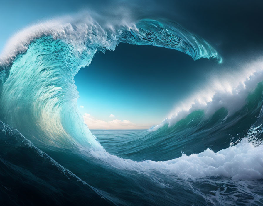 Majestic curling wave in ocean with frothy white water