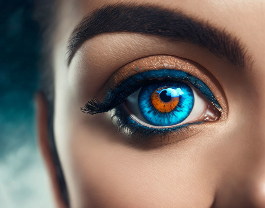 Detailed close-up of vivid blue eye with dark eyeliner and thick lashes.