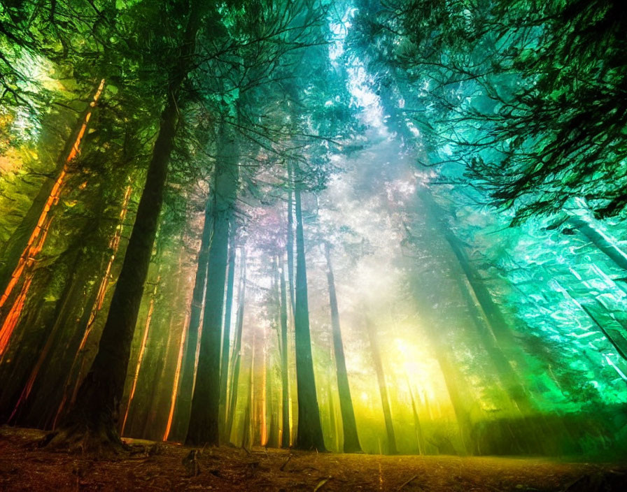 Enchanting forest scene with tall trees and sunlight filtering through fog