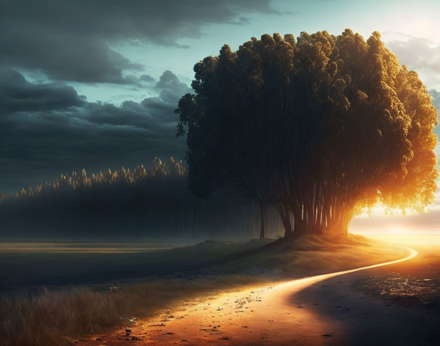 Mystical forest with winding road and dramatic lighting