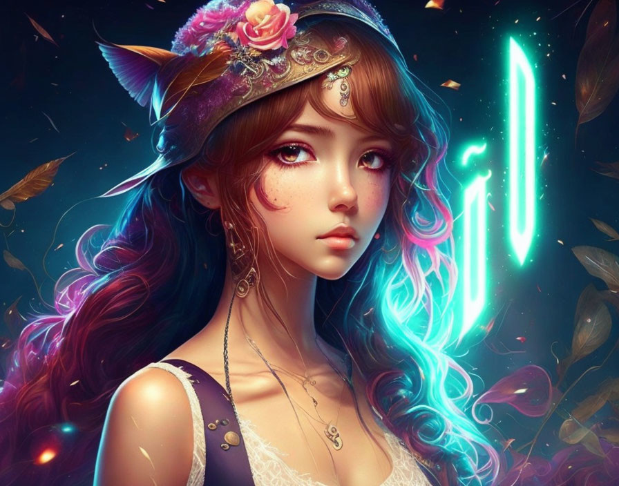 Illustrated female character with intricate jewelry and cat ears in mystical fantasy setting