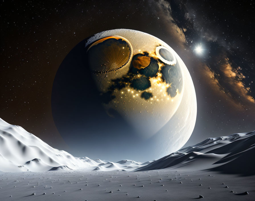 Snow-covered foreground with giant planet in surreal landscape