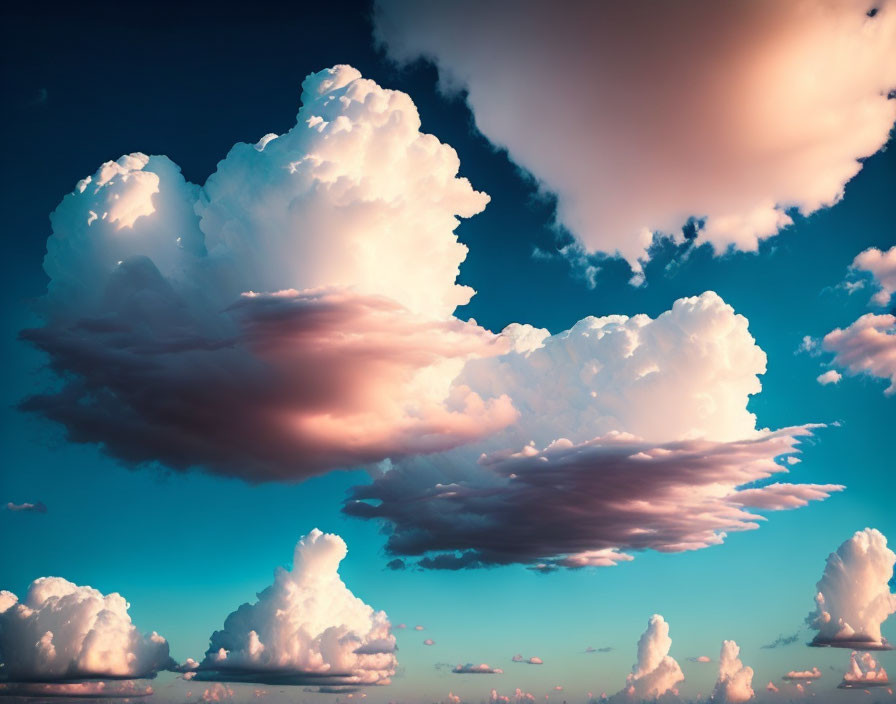 Pink and white fluffy clouds against a blue sky