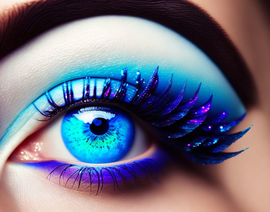 Detailed close-up of striking blue eye with bold blue eyeshadow and voluminous black eyelashes