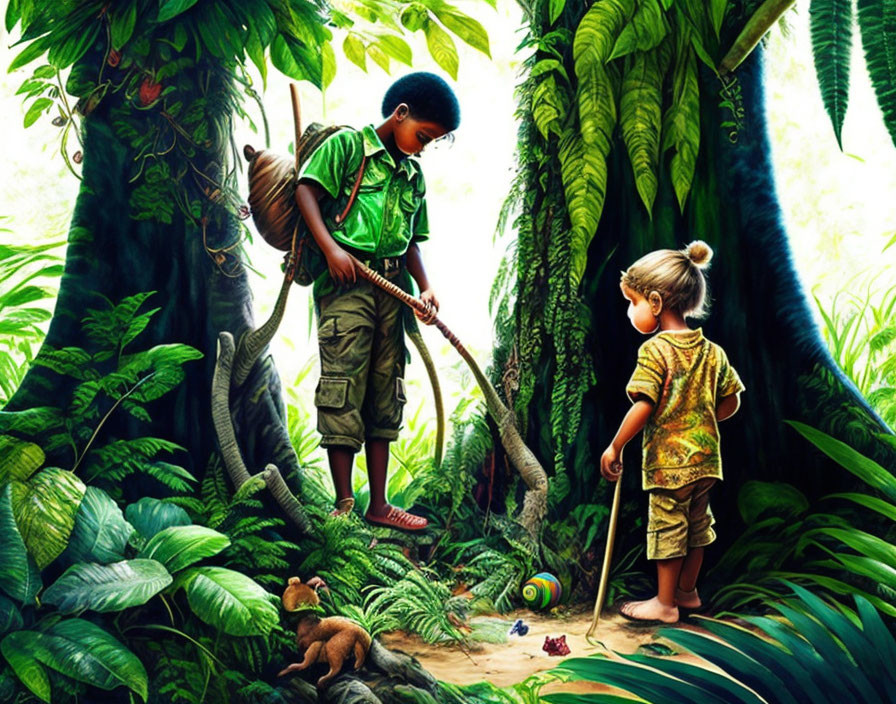 Children in lush jungle with small mammal and foliage