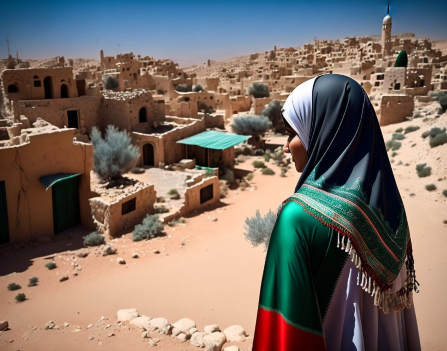 Woman in Colorful Headscarf Overlooking Desert Village