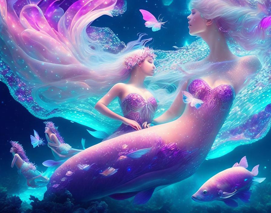 Whimsical mermaid surrounded by fish and butterflies in dreamlike ocean