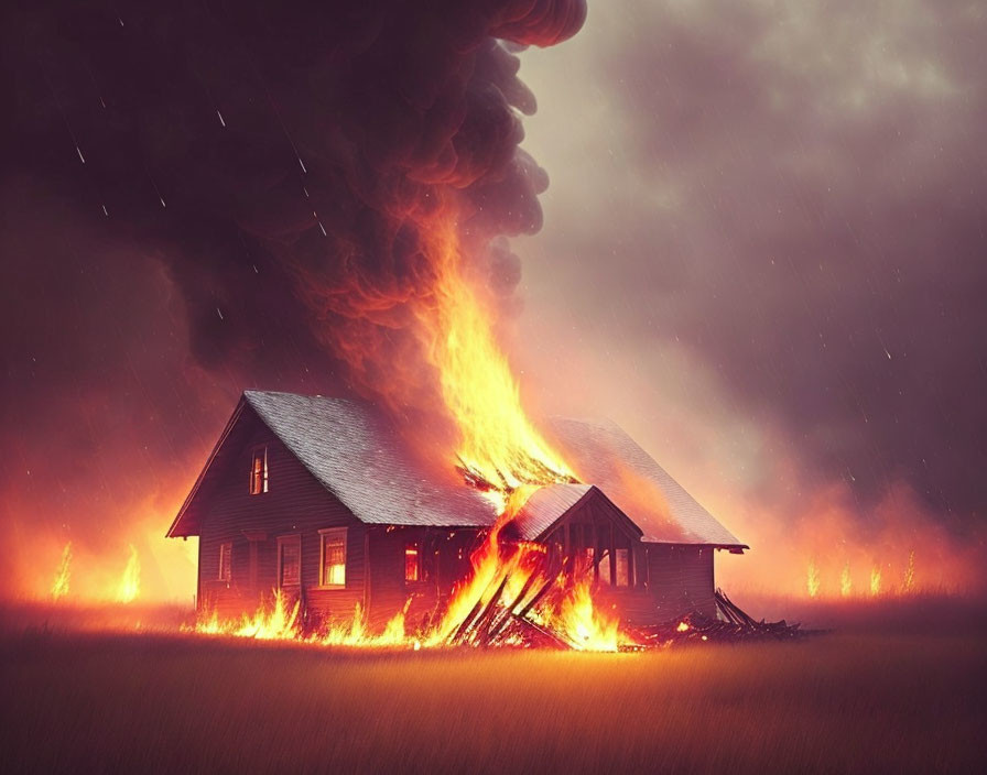 Burning house in stormy field with dark smoke