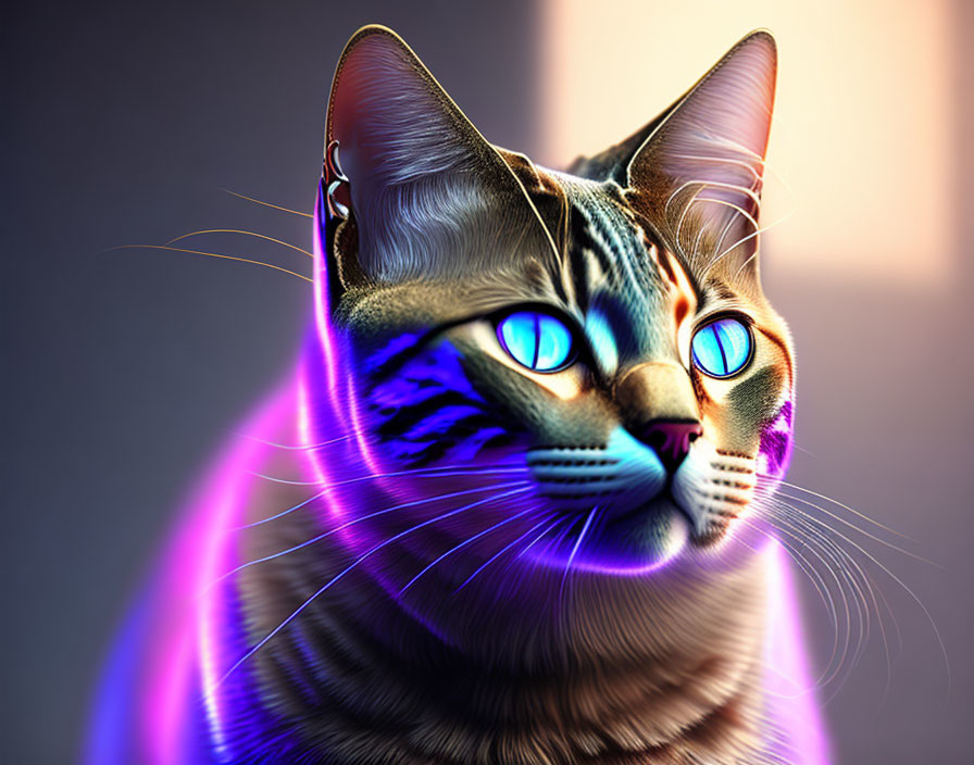 Vividly colored digital artwork of a cat with blue eyes and neon outlines