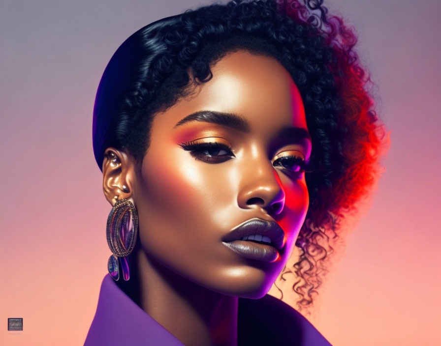 Portrait of woman with striking makeup and curly hair in purple outfit