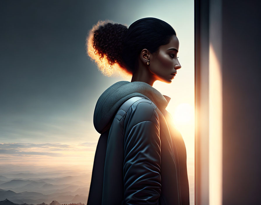 Woman profile against sunset and mountains with bright light