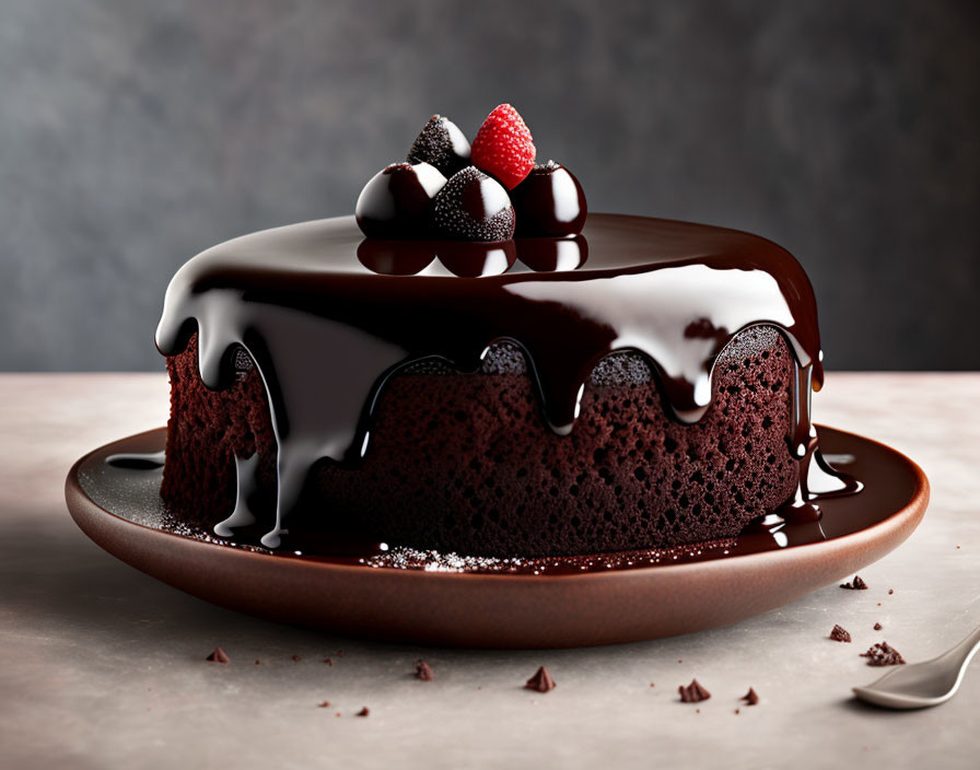 Chocolate Cake with Ganache Topping and Berries on Brown Plate