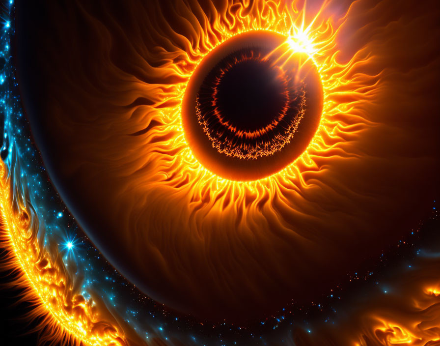 Dynamic digital artwork: Fiery sun with bright flames on dark background